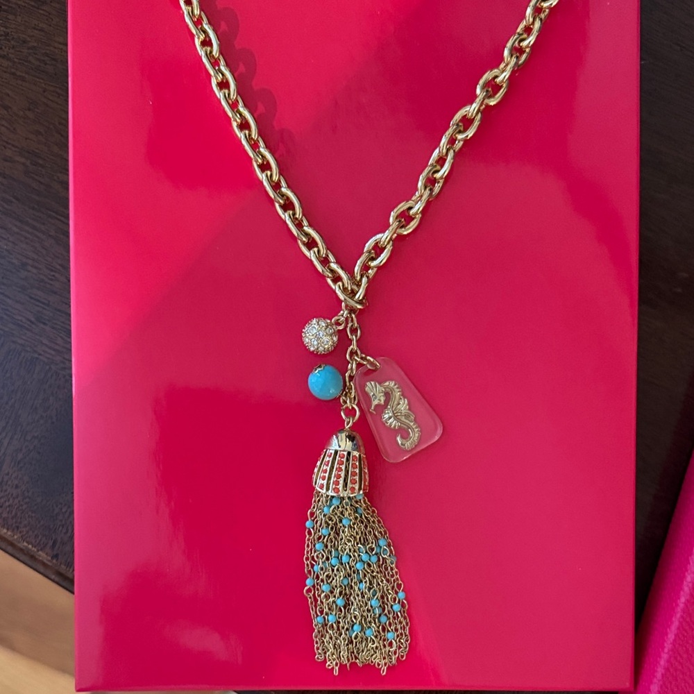 Lilly Pulitzer Gold Necklace with Turquoise Tassel and Seahorse Charm